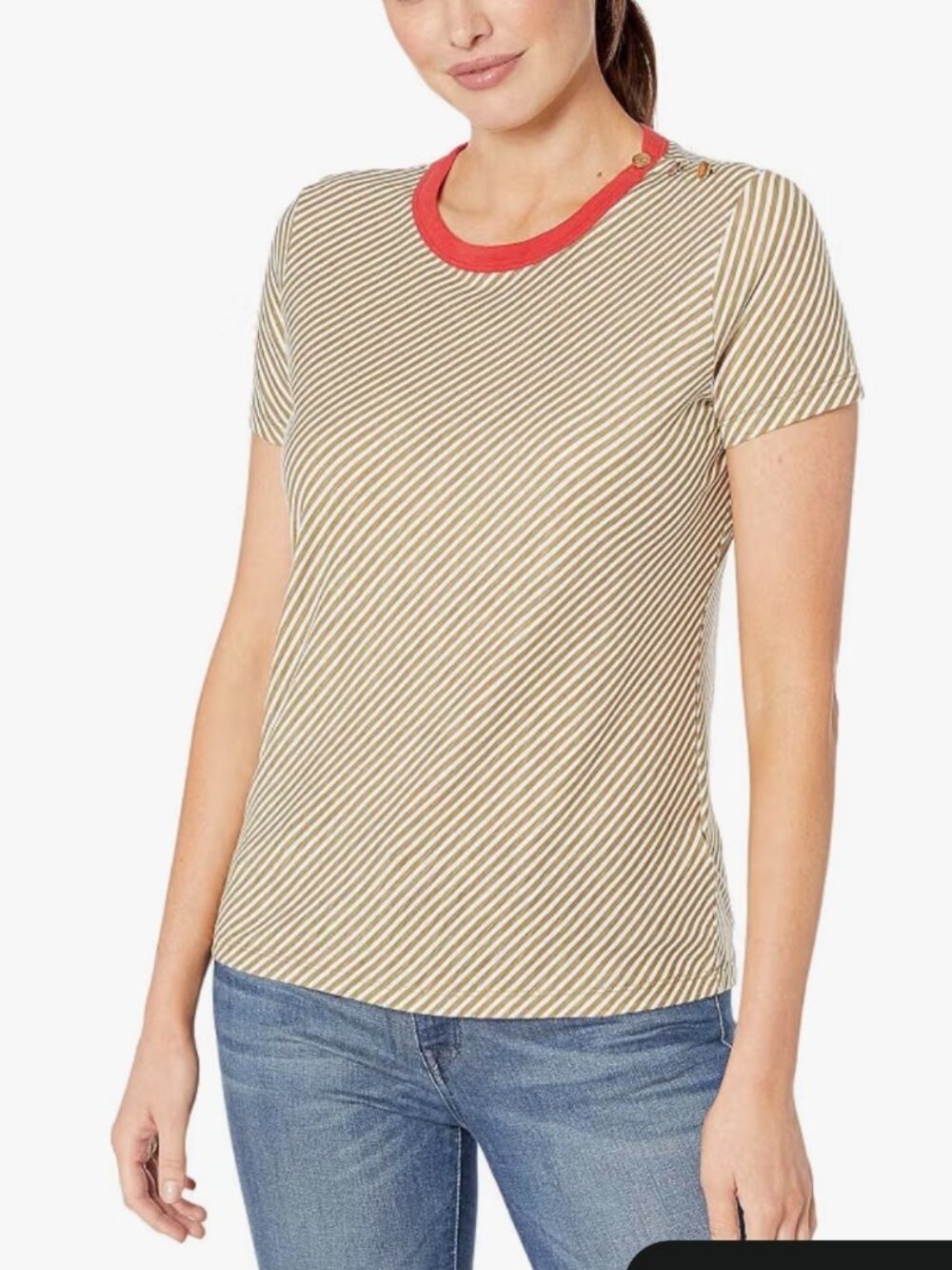 Lauren Ralph Lauren Women's Size L Cotton Tee Shirt Striped Button Classic Tan